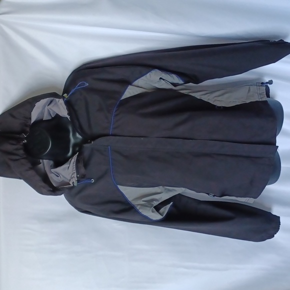 Reebok Gray blue Hooded Track Jacket Sz M Full Zip Windbreaker Pockets Vented - Picture 1 of 7